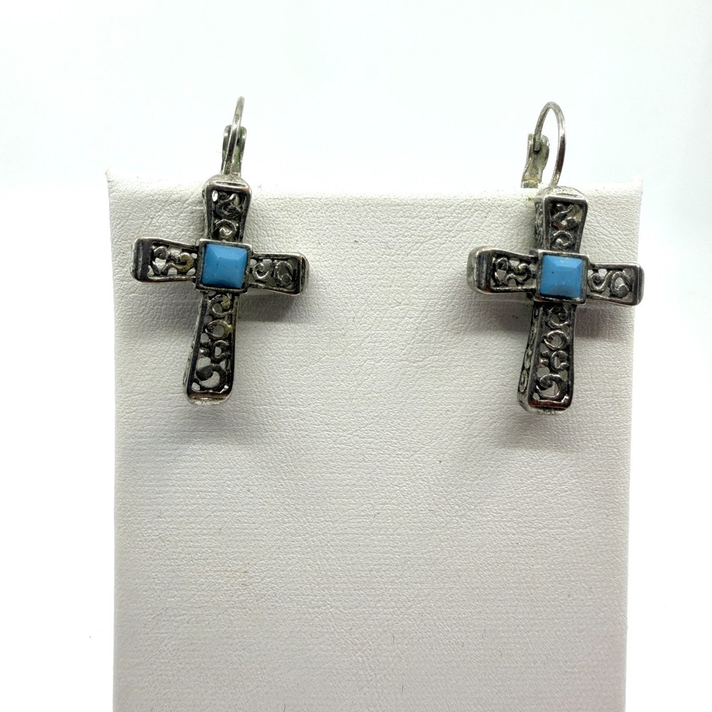 Vintage Silver Filigree Cross Earrings with Blue Square Stone Accent